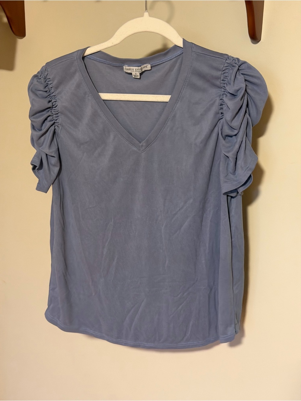 Blue V-Neck Ruched Sleeve Top